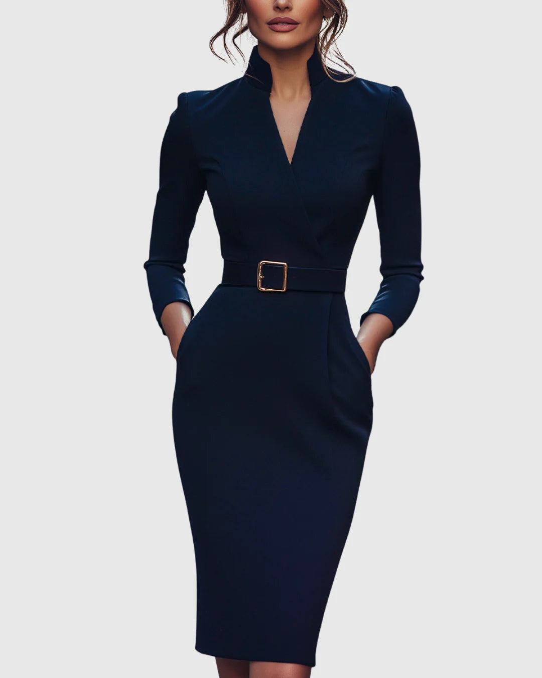 Arabella | Women's V Neck Belted Midi Long Sleeve Dress with Pockets
