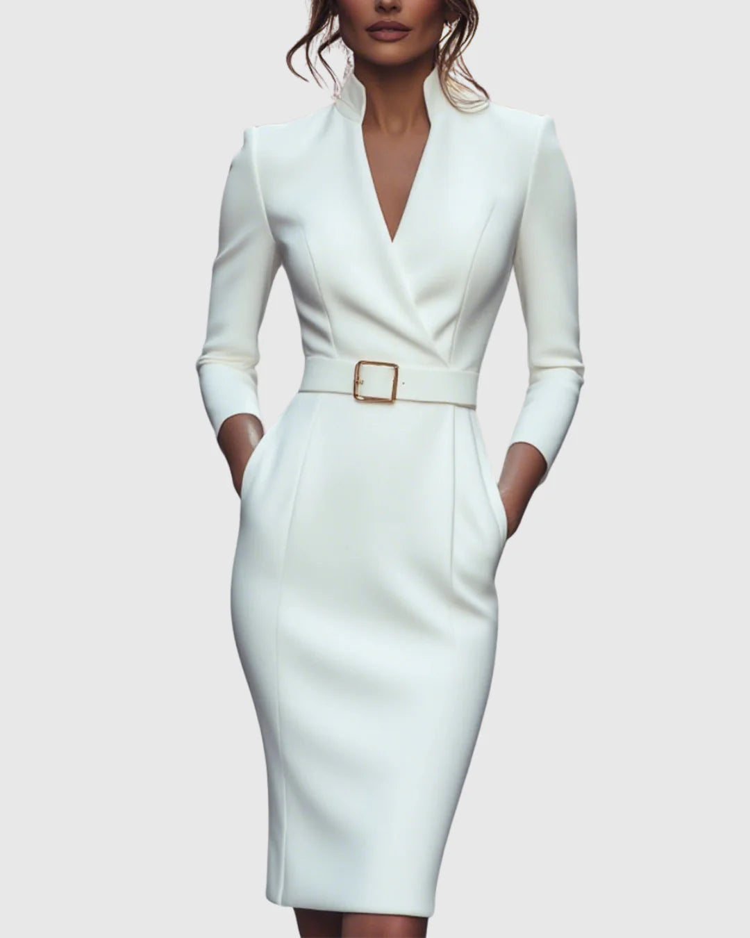 Arabella | Women's V Neck Belted Midi Long Sleeve Dress with Pockets