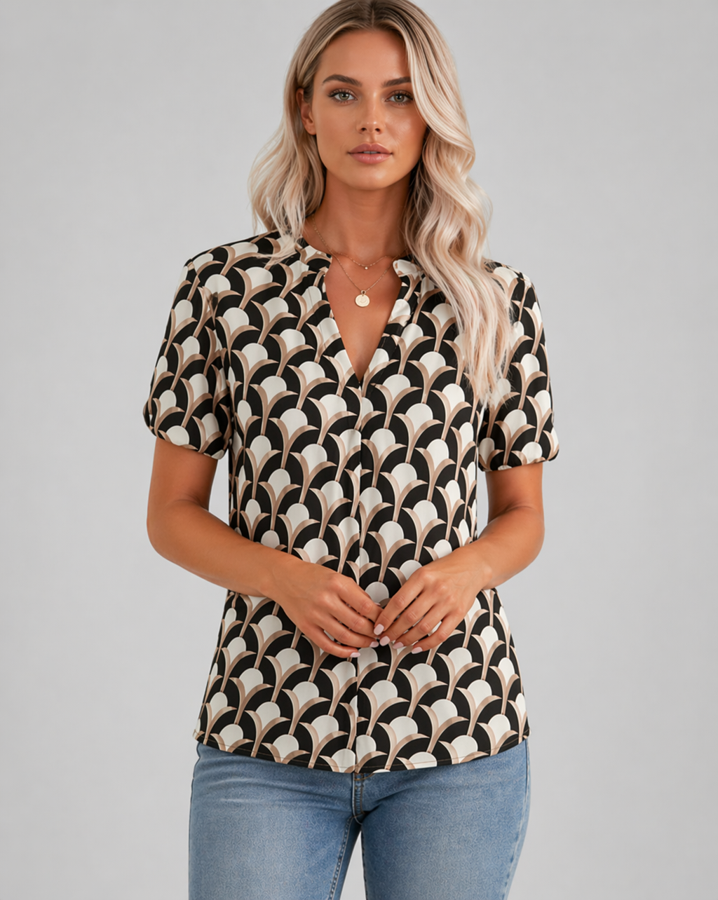 Ariana | Women’s Short Sleeve V Neck Printed Blouse