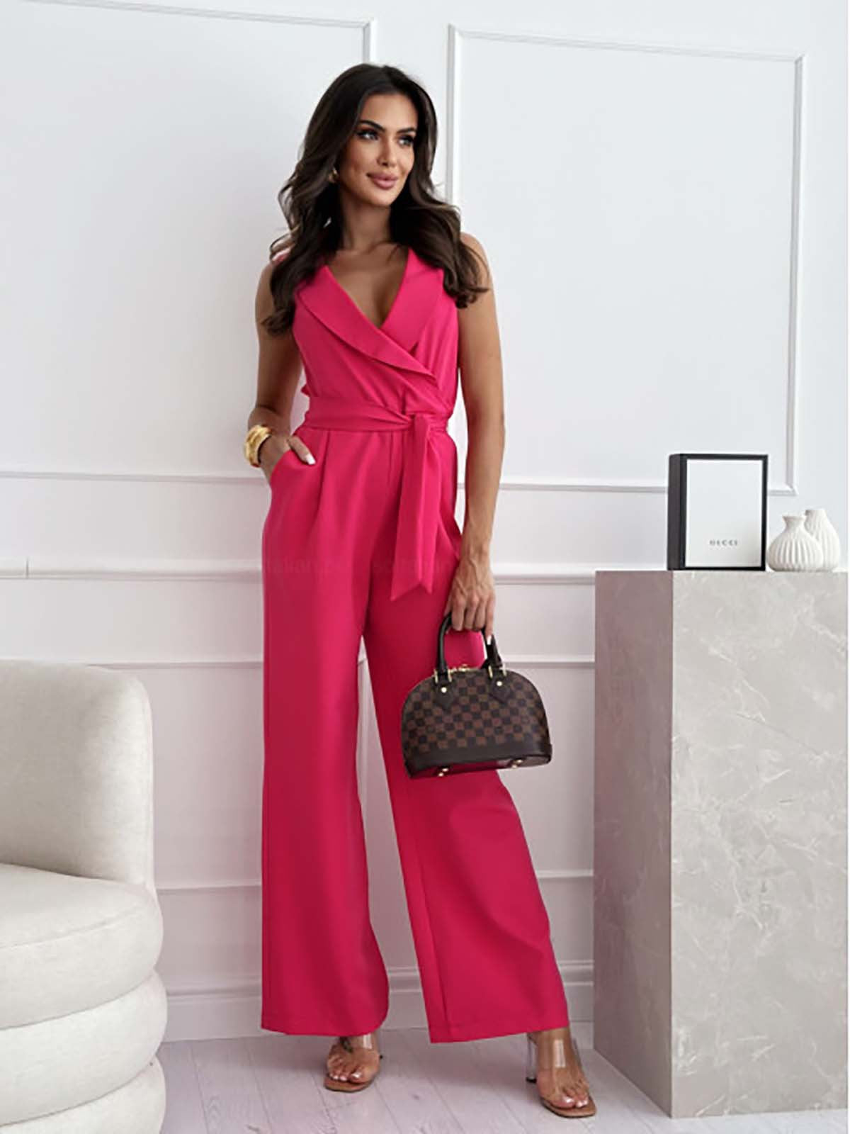 Arleen | Women’s V Neck Waist Tie Sleeveless Jumpsuit