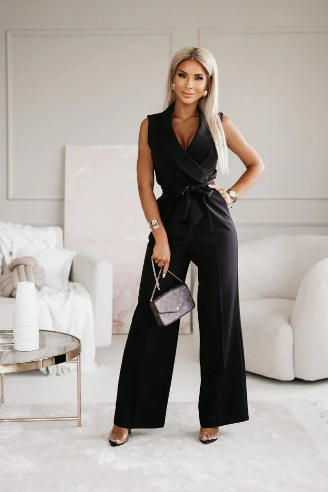 Arleen | Women’s V Neck Waist Tie Sleeveless Jumpsuit