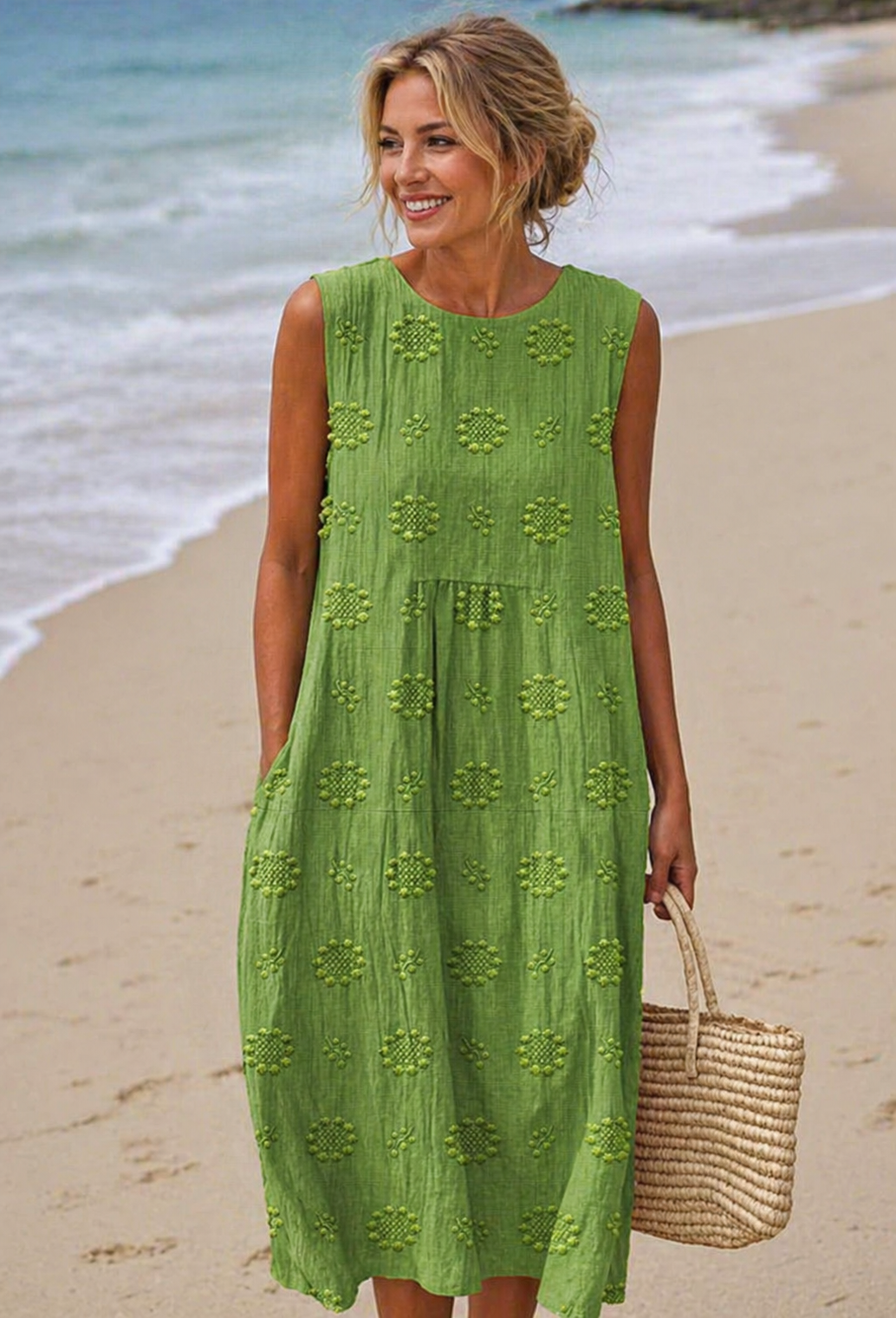 Ashley | Women’s Round Neck Flowy Beach Midi Dress