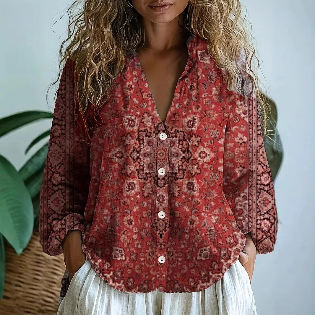 Ashton | Women’s V Neck Printed Long Sleeve Blouse