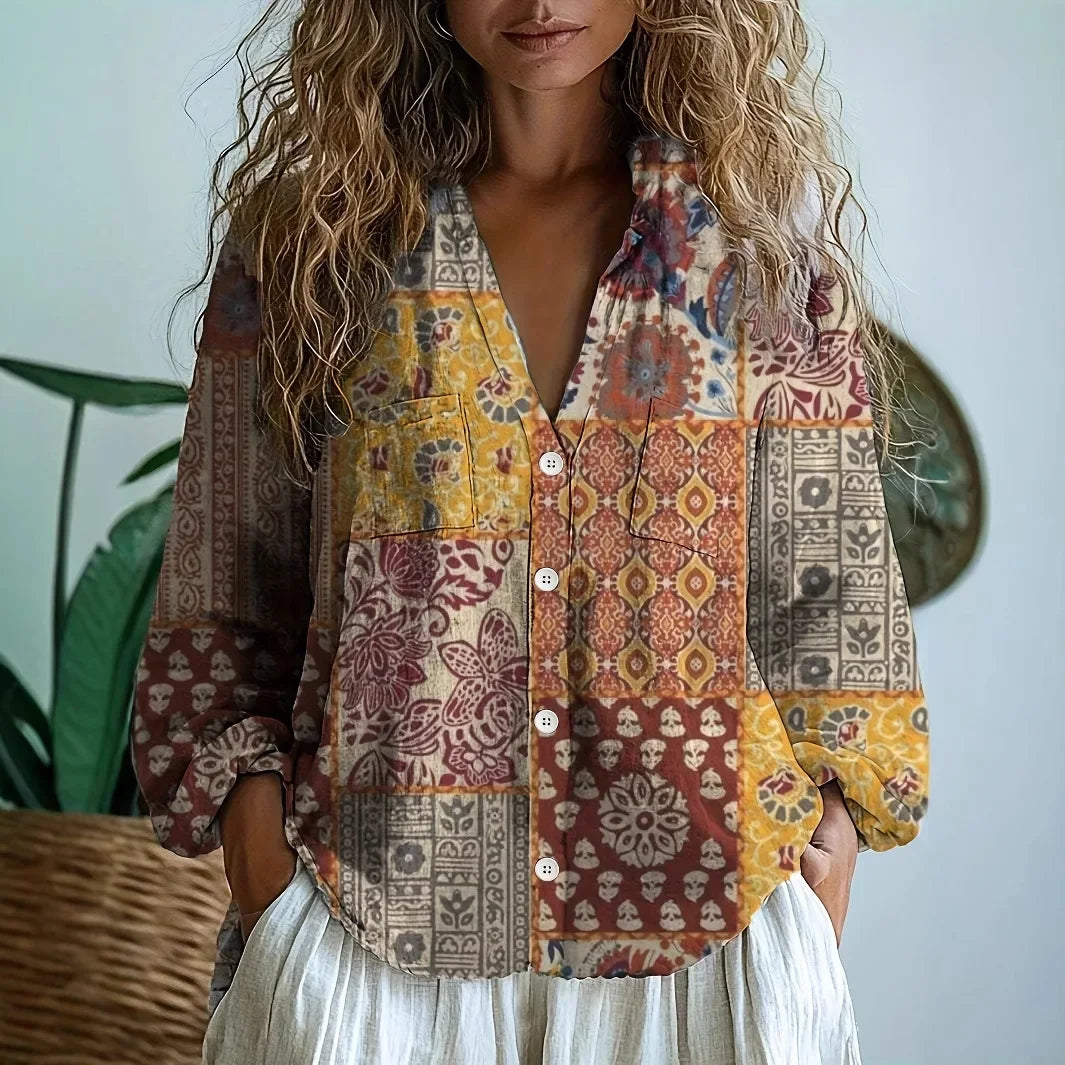 Ashton | Women’s V Neck Printed Long Sleeve Blouse