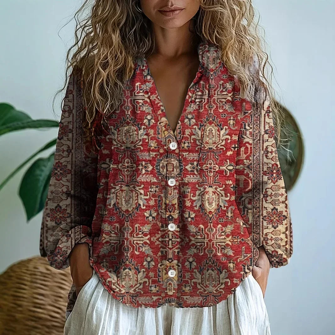 Ashton | Women’s V Neck Printed Long Sleeve Blouse
