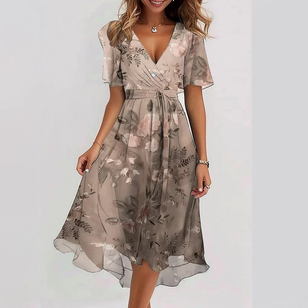 Asia | Women’s V Neck Short Sleeve Floral Midi Dress