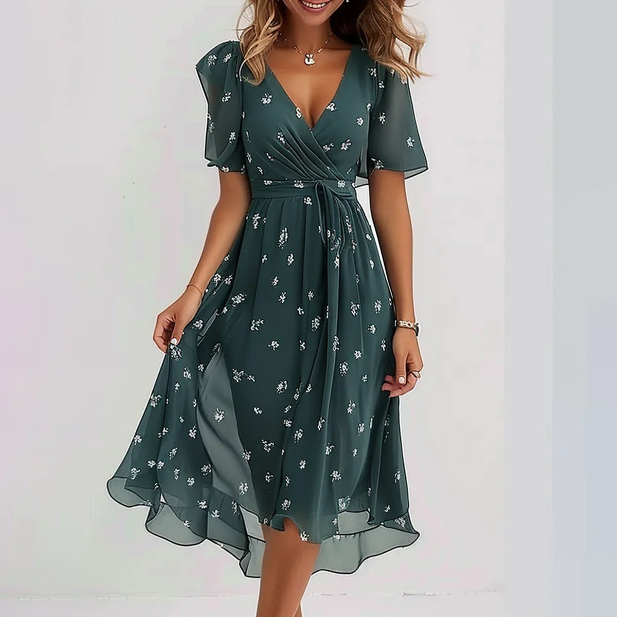 Asia | Women’s V Neck Short Sleeve Floral Midi Dress