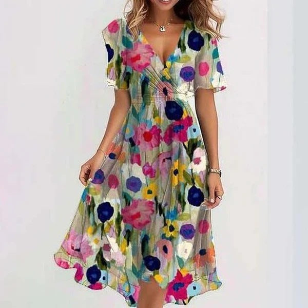 Asia | Women’s V Neck Short Sleeve Floral Midi Dress