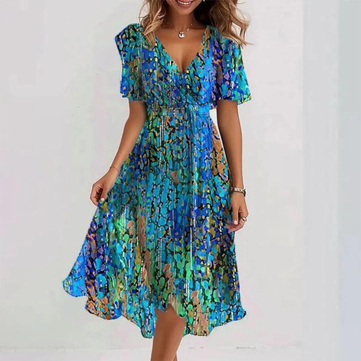 Asia | Women’s V Neck Short Sleeve Floral Midi Dress