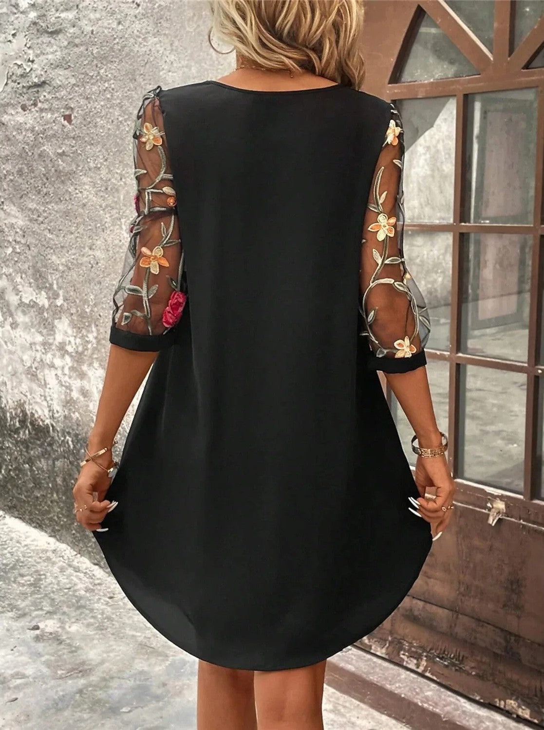 Astra | Women’s Sheer Elbow Sleeve Floral Mini Dress