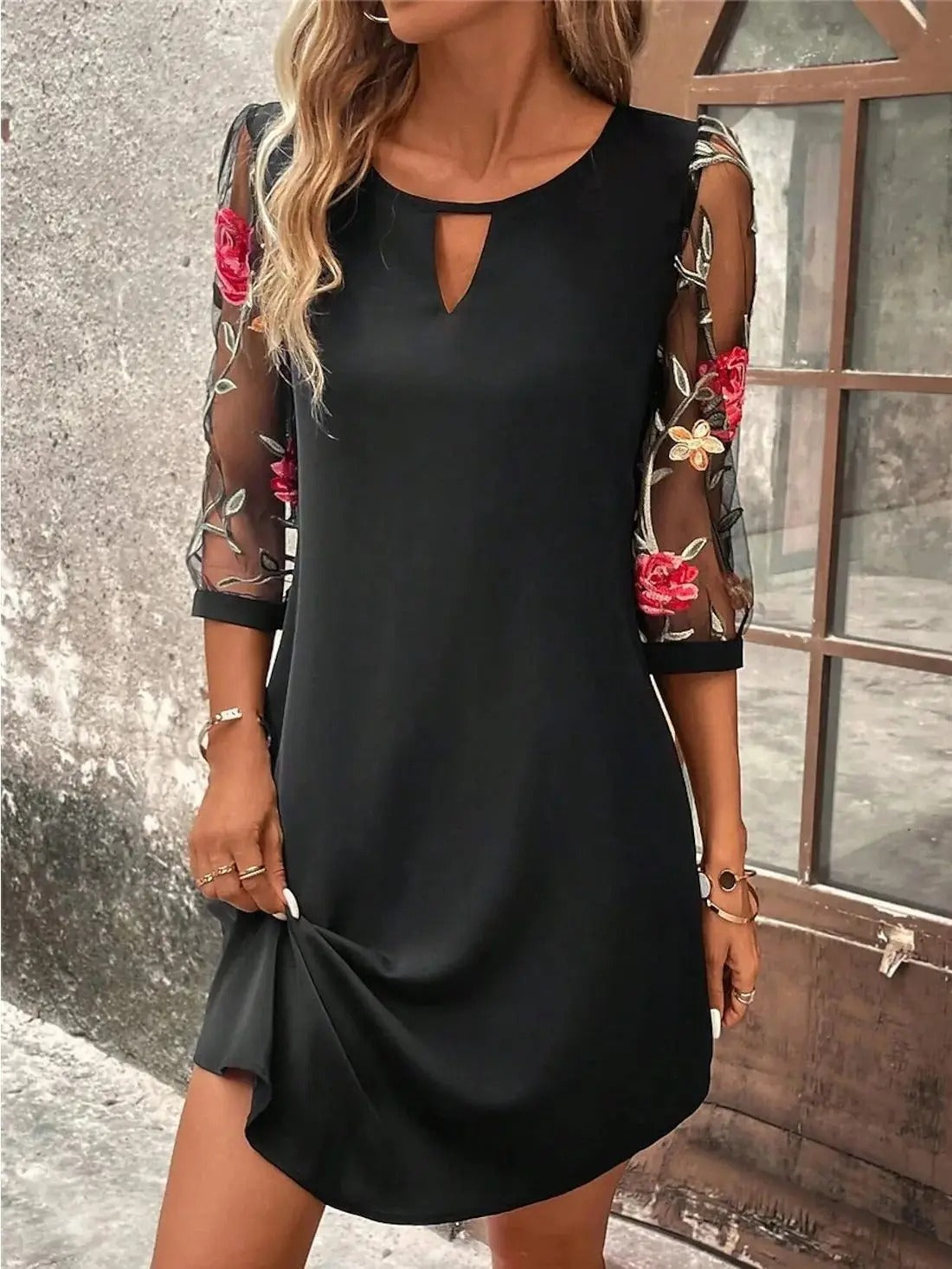 Astra | Women’s Sheer Elbow Sleeve Floral Mini Dress