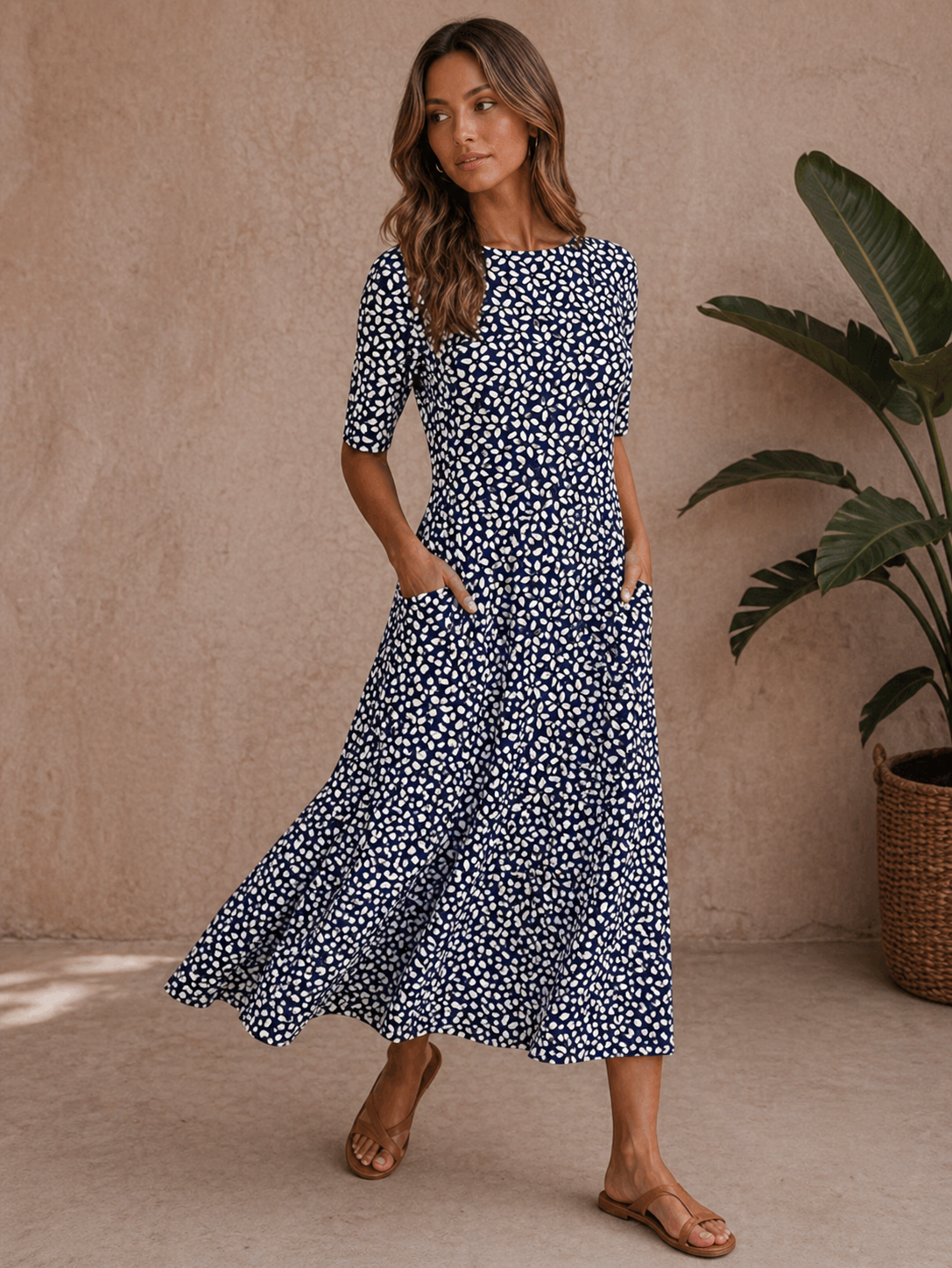 Audrina | Women’s Boat Neck Elbow Sleeve Midi Dress