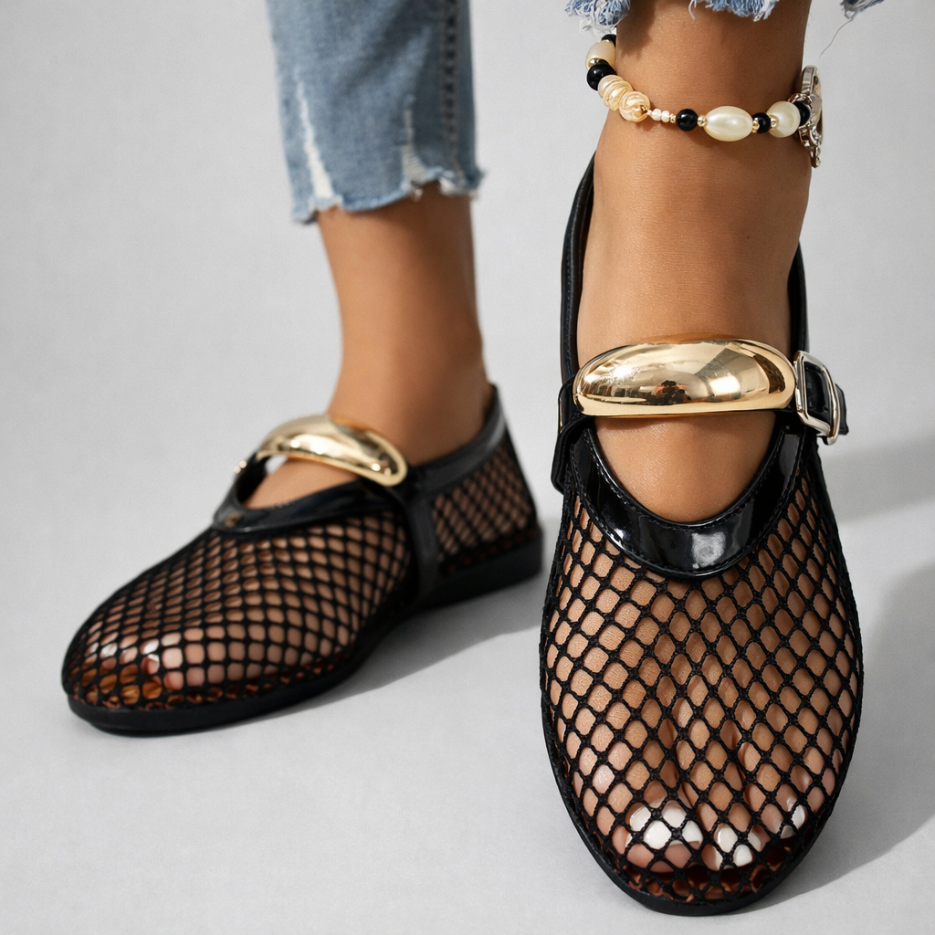 Avis | Women's Buckle Detail Mesh Mary Jane Flats