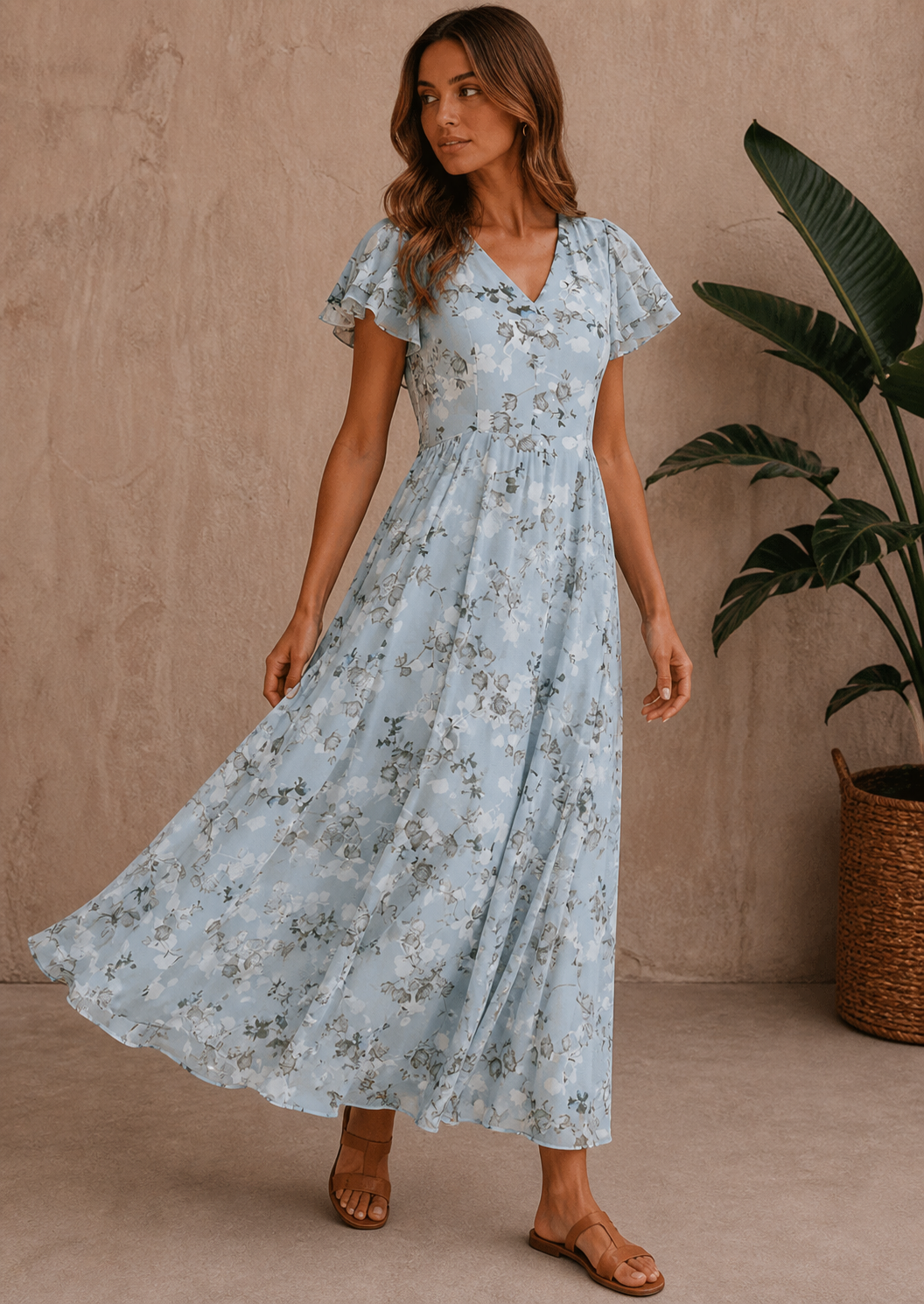 Ayanna | Women’s Flowy Flutter Sleeve Floral Print Maxi Dress