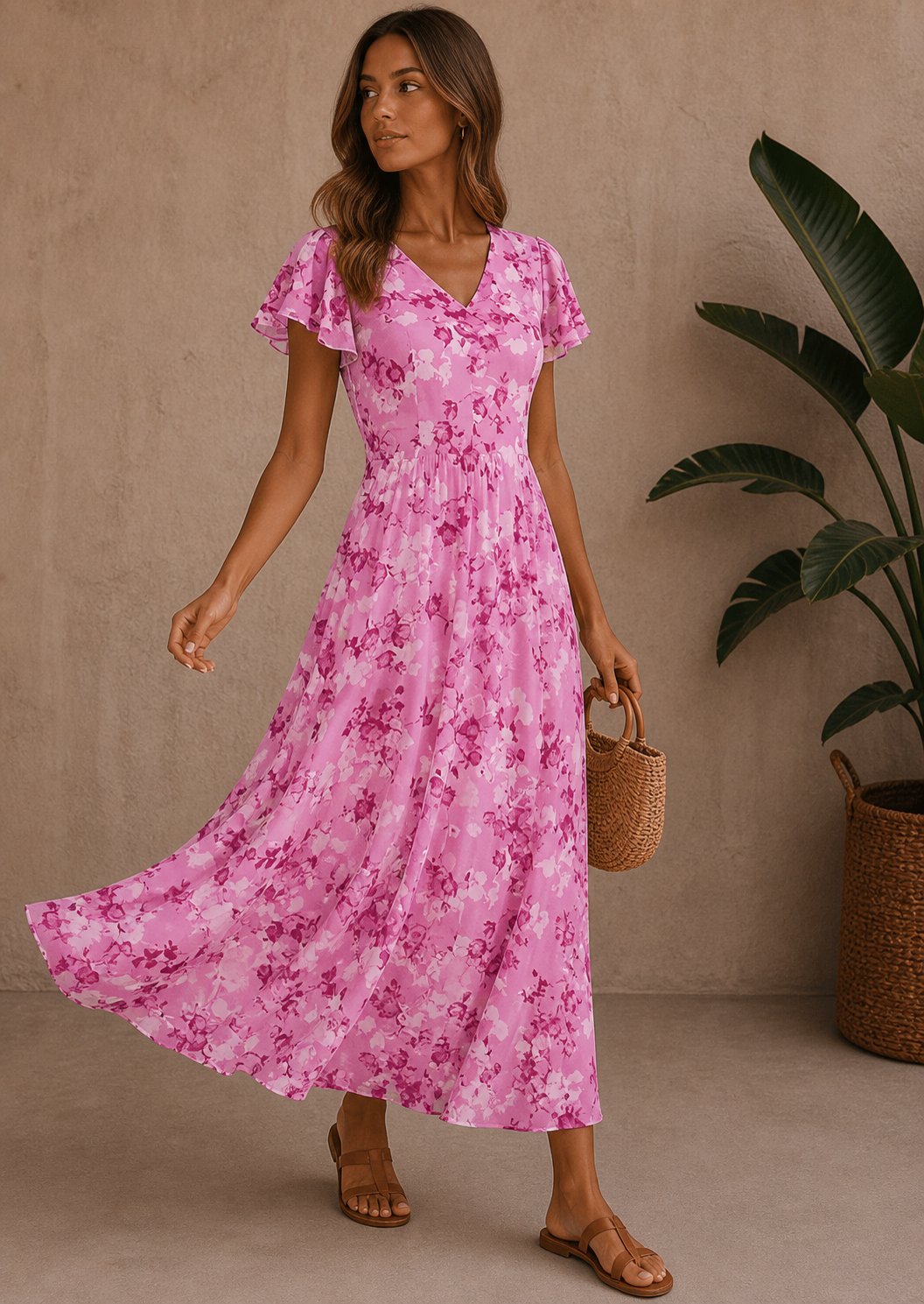 Ayanna | Women’s Flowy Flutter Sleeve Floral Print Maxi Dress