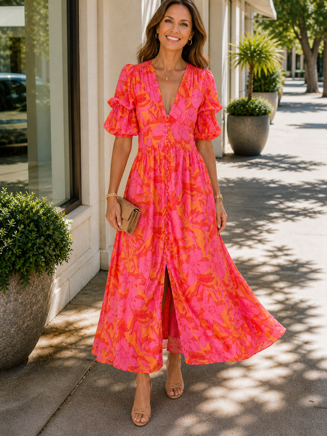 Bailey | Women’s V Neck Flutter Sleeve Flowy Maxi Dress