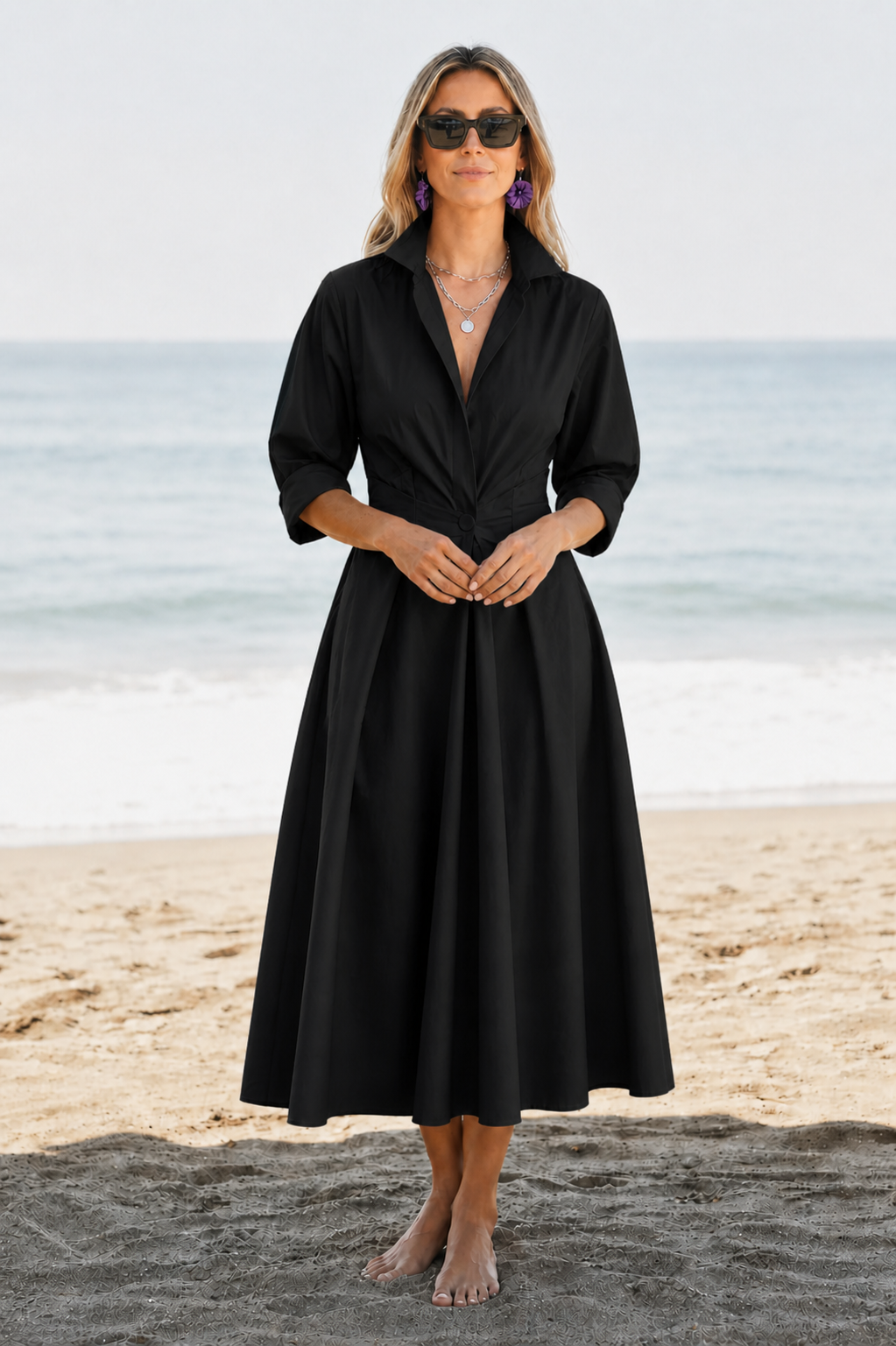 Barbara | Women’s Long Sleeve V Neck Midi Dress