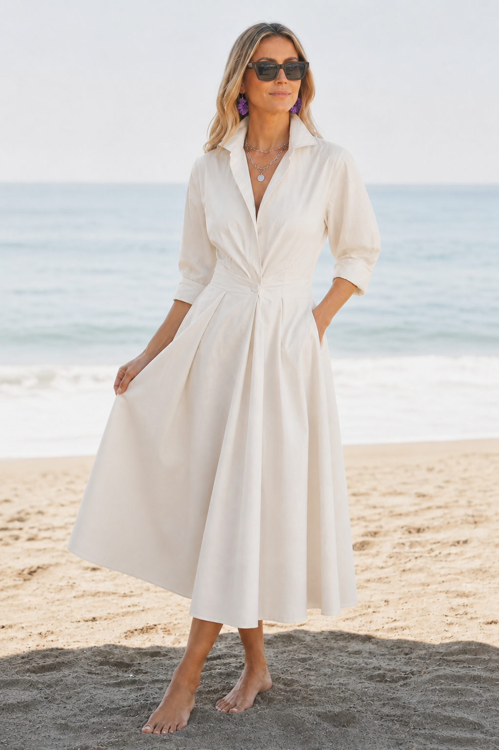 Barbara | Women’s Long Sleeve V Neck Midi Dress