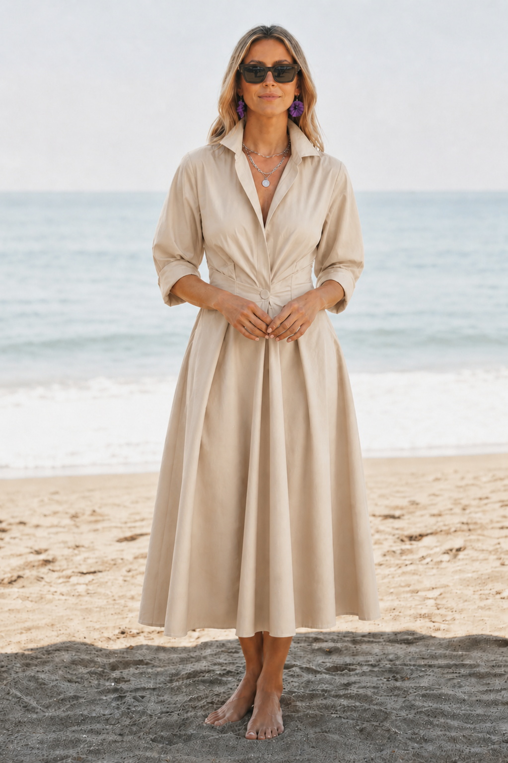 Barbara | Women’s Long Sleeve V Neck Midi Dress