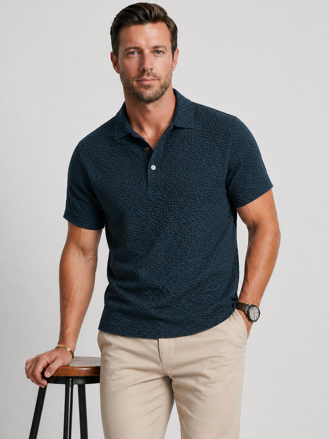 Barrett | Men's Waffle-Knit Pointed Collar Polo Shirt
