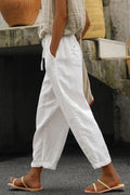 Becca | Women’s Drawstring Waist Straight Leg Summer White Trousers