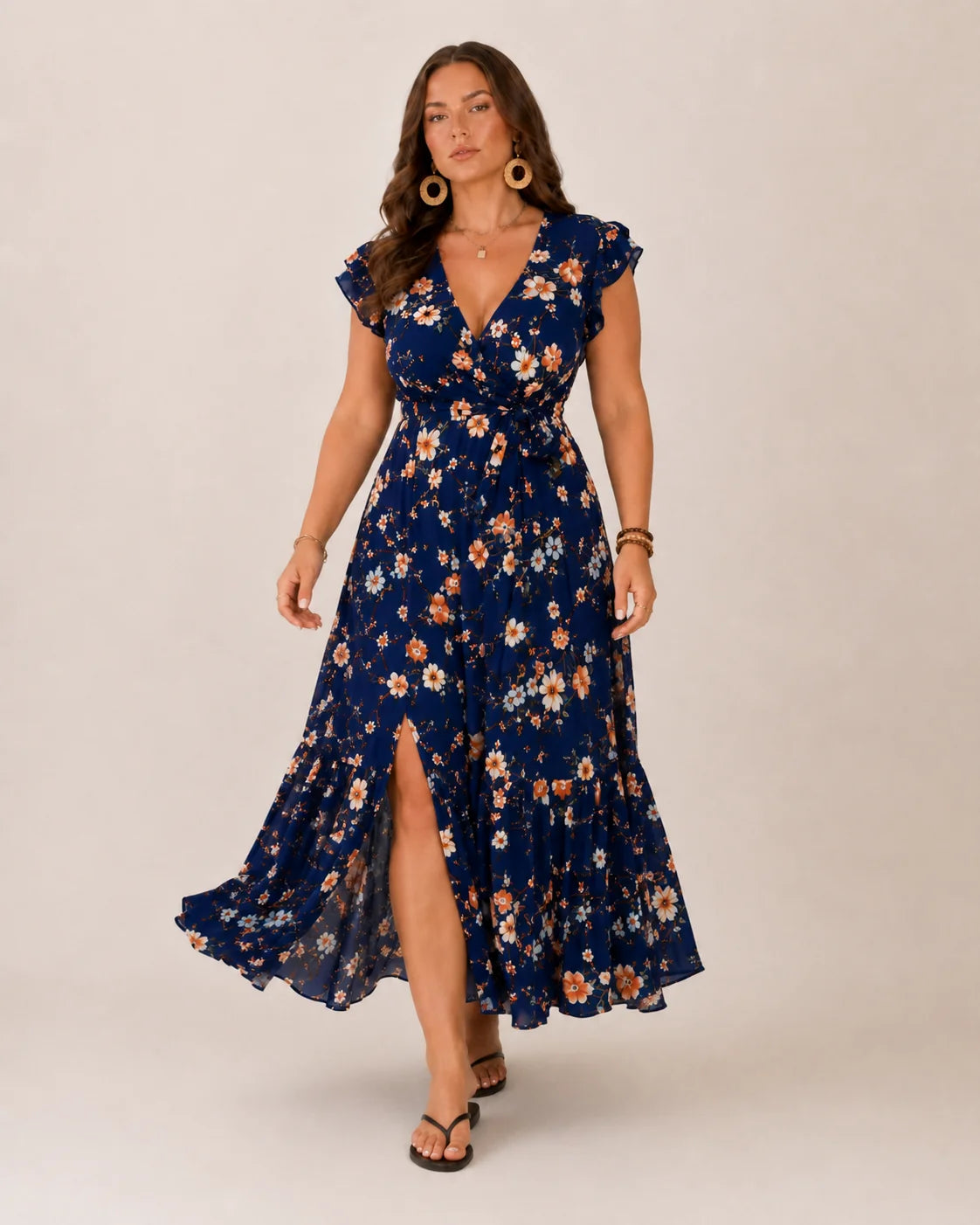 Becky | Women’s Floral V Neck Wrap Waist Tiered Maxi Dress