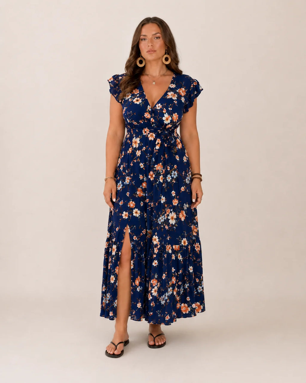 Becky | Women’s Floral V Neck Wrap Waist Tiered Maxi Dress