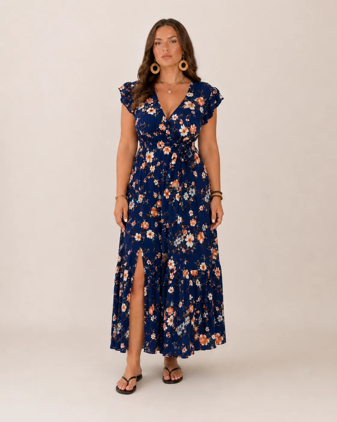 Becky | Women’s Floral V Neck Wrap Waist Tiered Maxi Dress