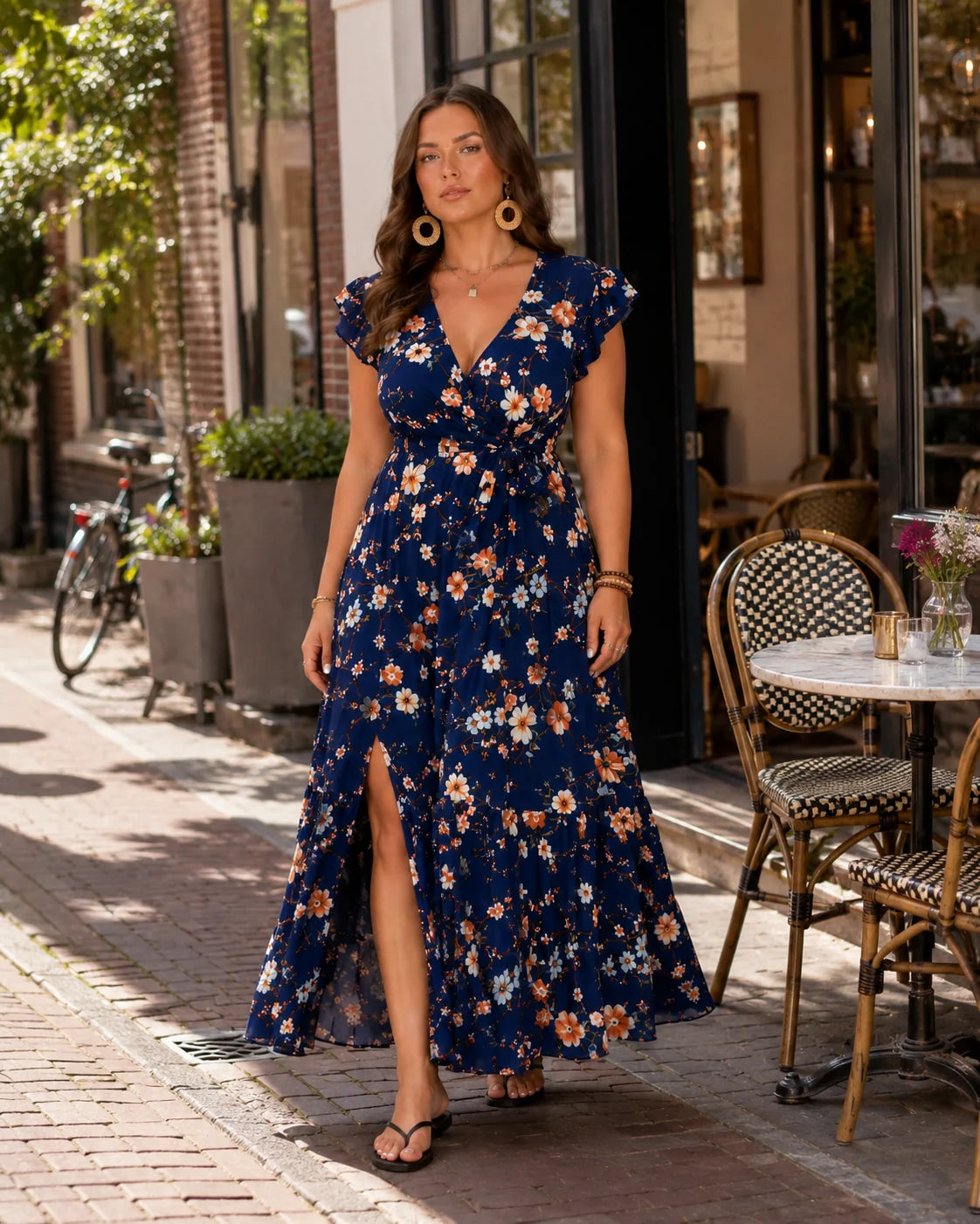 Becky | Women’s Floral V Neck Wrap Waist Tiered Maxi Dress
