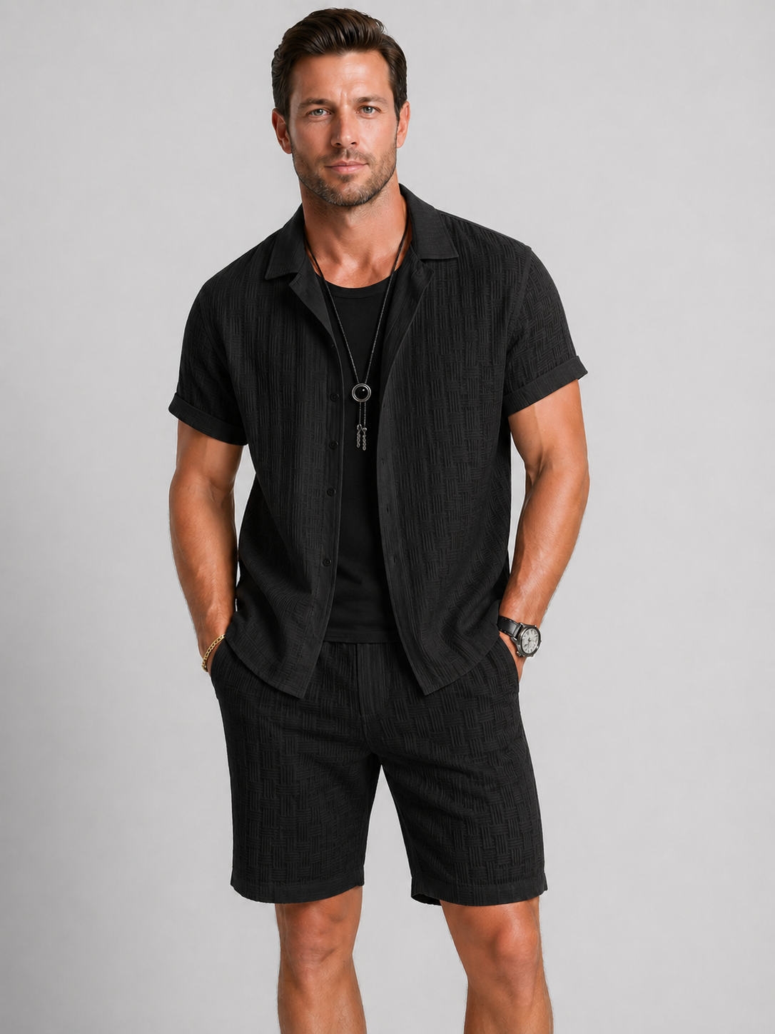 Benjamin | Men’s Textured Button Front Two Piece Matching Set