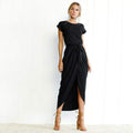 Blanca | Women’s Cap Sleeve Draped High Slit Maxi Dress