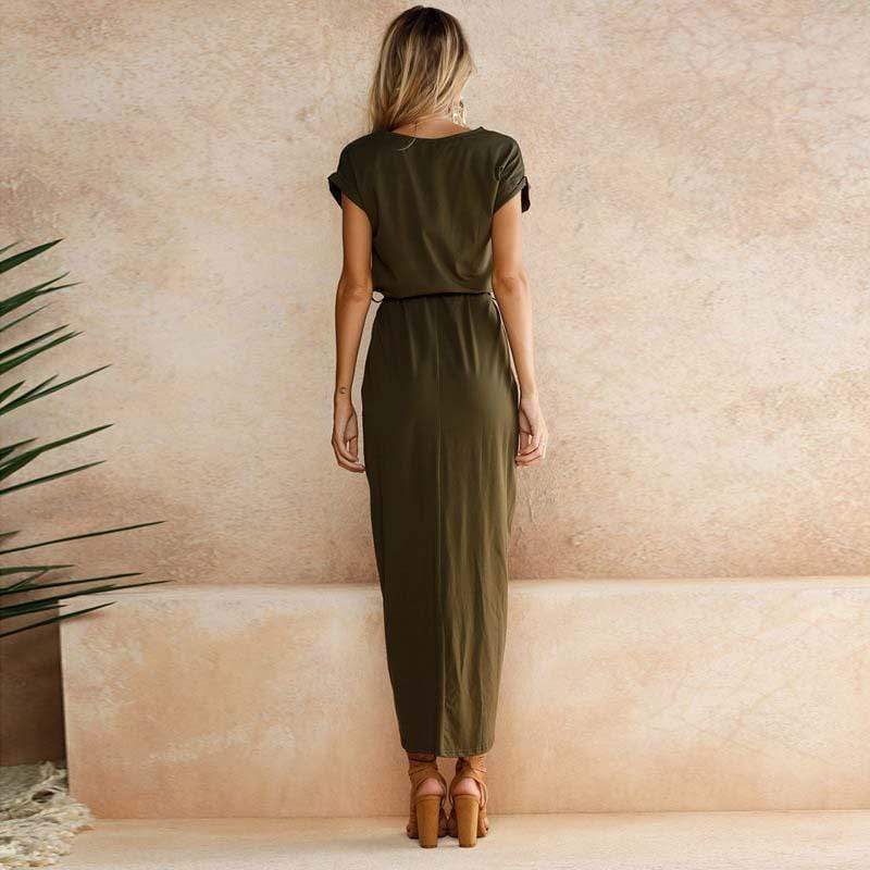 Blanca | Women’s Cap Sleeve Draped High Slit Maxi Dress