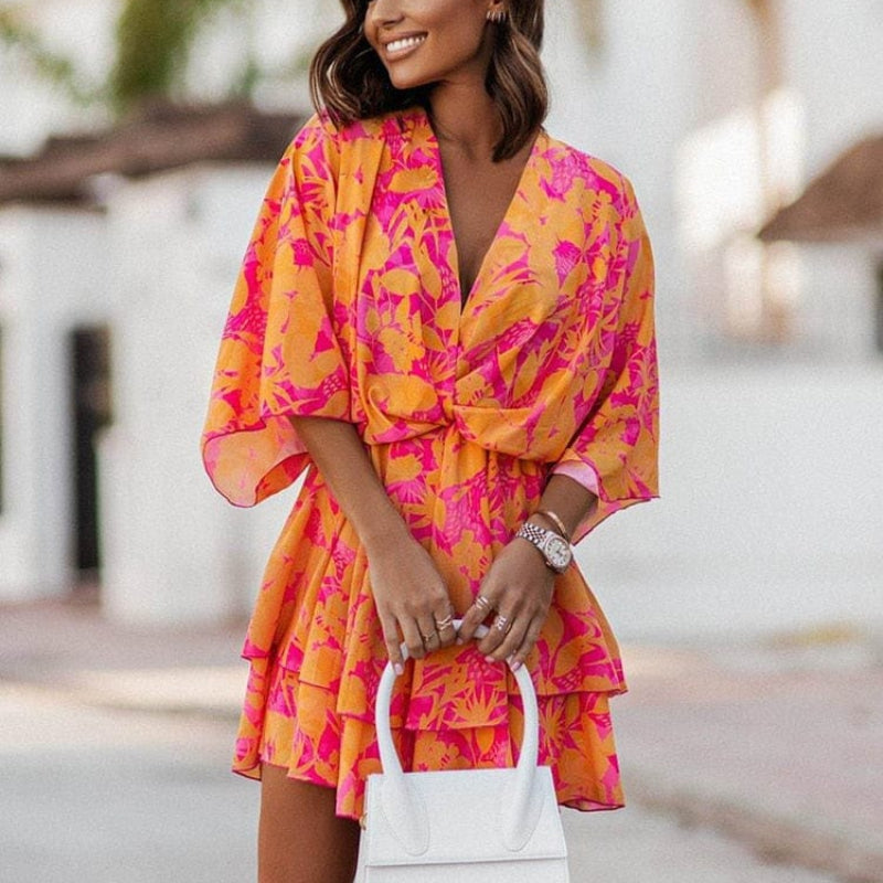 Blanche | Women’s Floral V Neck Ruffle Mini Dress