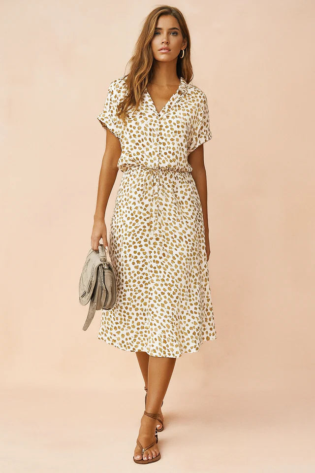 Callista | Women’s Collared Printed Waist Tie Buttoned Midi Dress