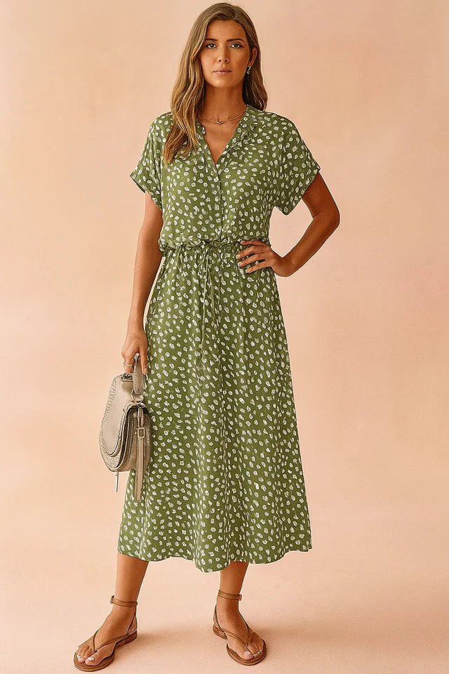 Callista | Women’s Collared Printed Waist Tie Buttoned Midi Dress