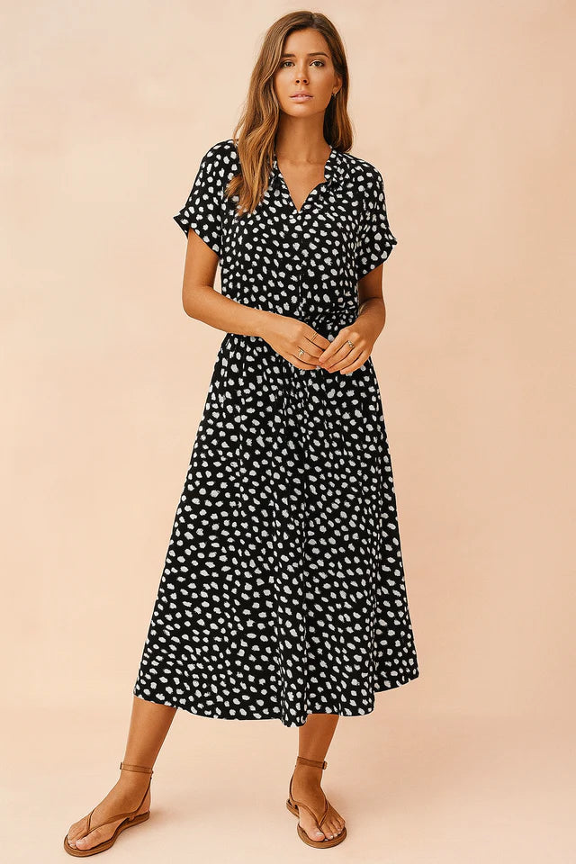 Callista | Women’s Collared Printed Waist Tie Buttoned Midi Dress