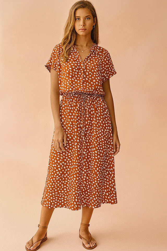 Callista | Women’s Collared Printed Waist Tie Buttoned Midi Dress