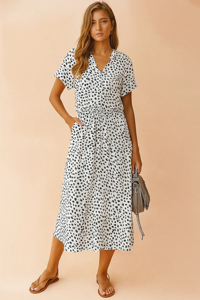 Callista | Women’s Collared Printed Waist Tie Buttoned Midi Dress