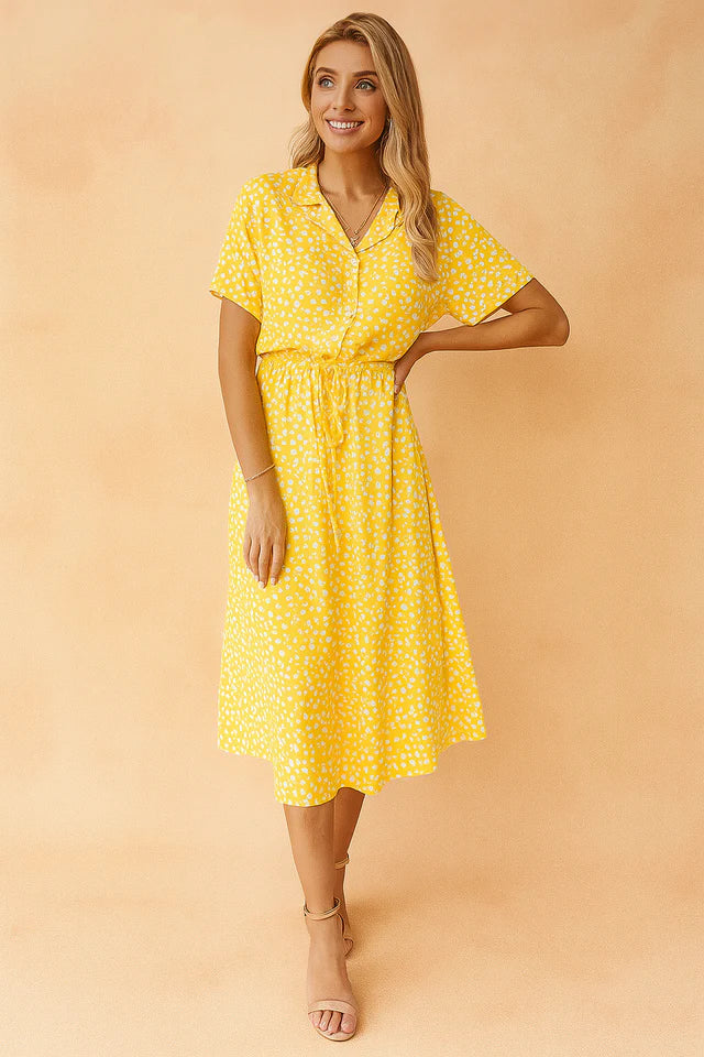 Callista | Women’s Collared Printed Waist Tie Buttoned Midi Dress