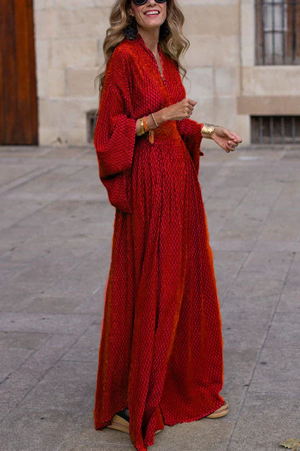 Carina | Women's Printed Long Sleeve V Neck Flowy Maxi Dress