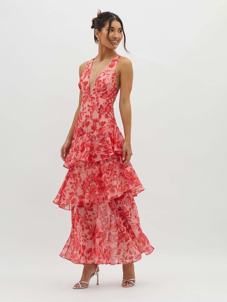 Carissa | Women’s Deep V Neck Flowy Tiered Maxi Dress