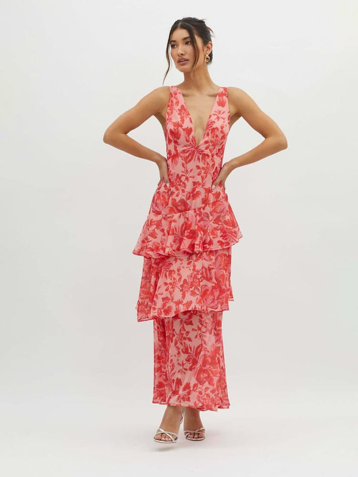 Carissa | Women’s Deep V Neck Flowy Tiered Maxi Dress
