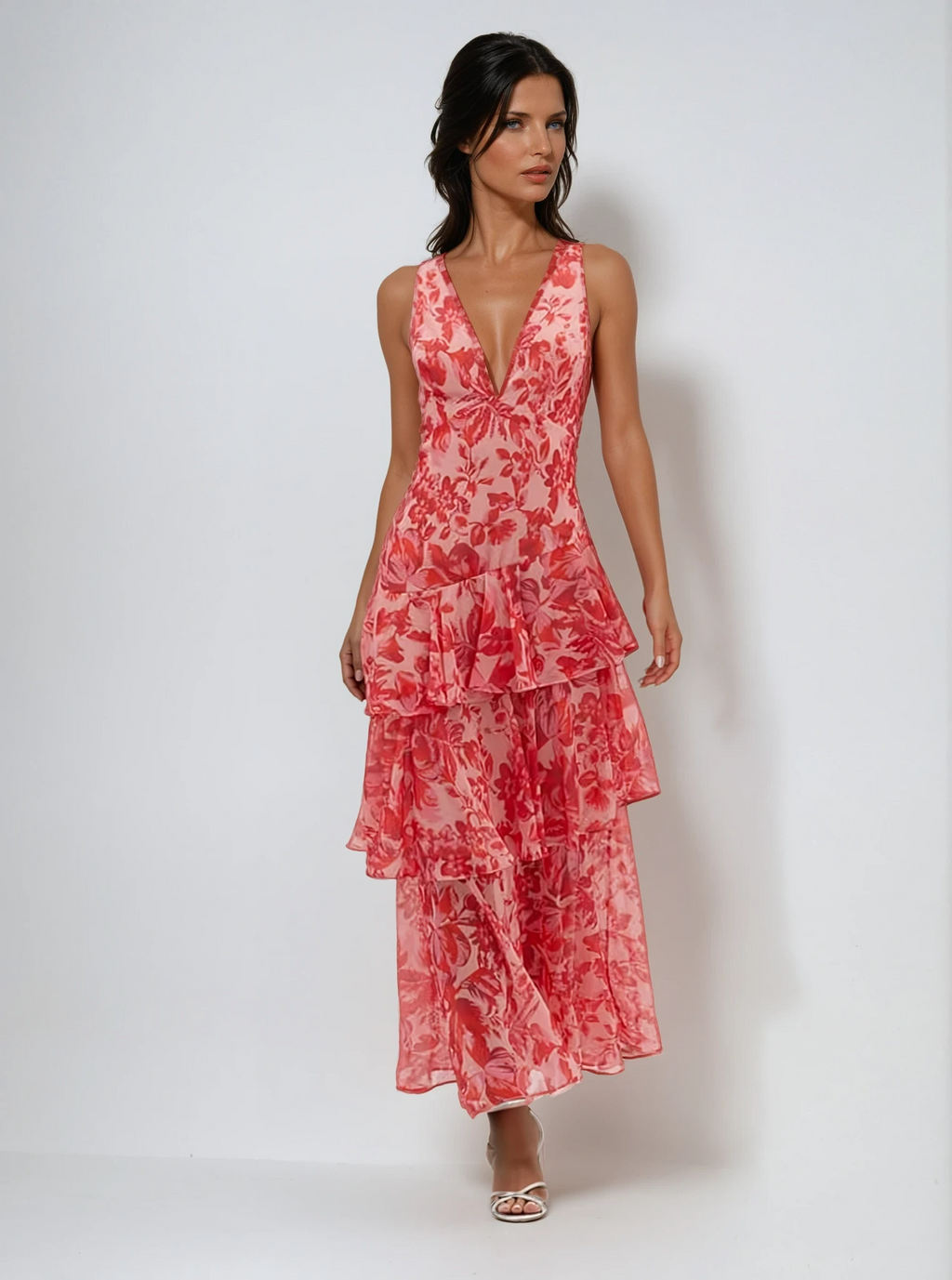 Carissa | Women’s Deep V Neck Flowy Tiered Maxi Dress