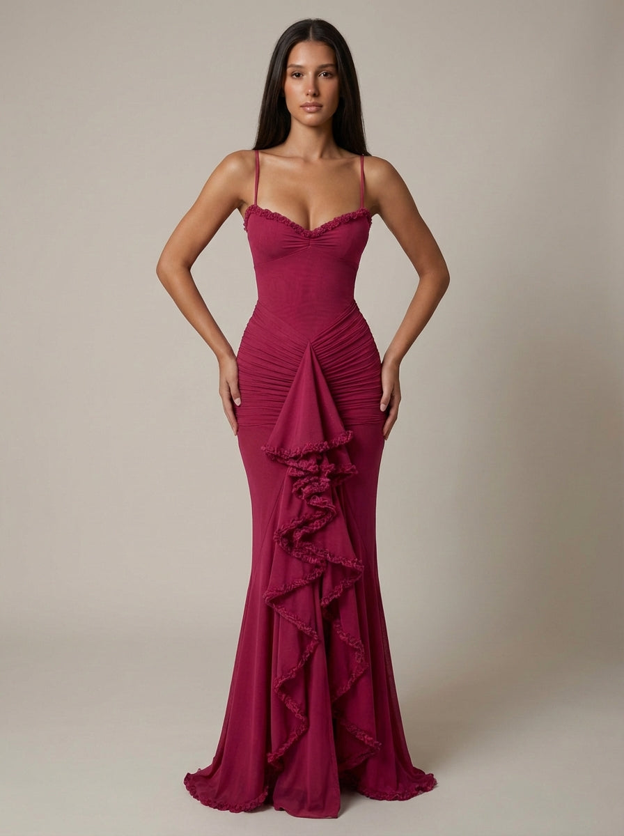 Carley | Women’s Draped Ruffle Sweetheart Neck Maxi Dress