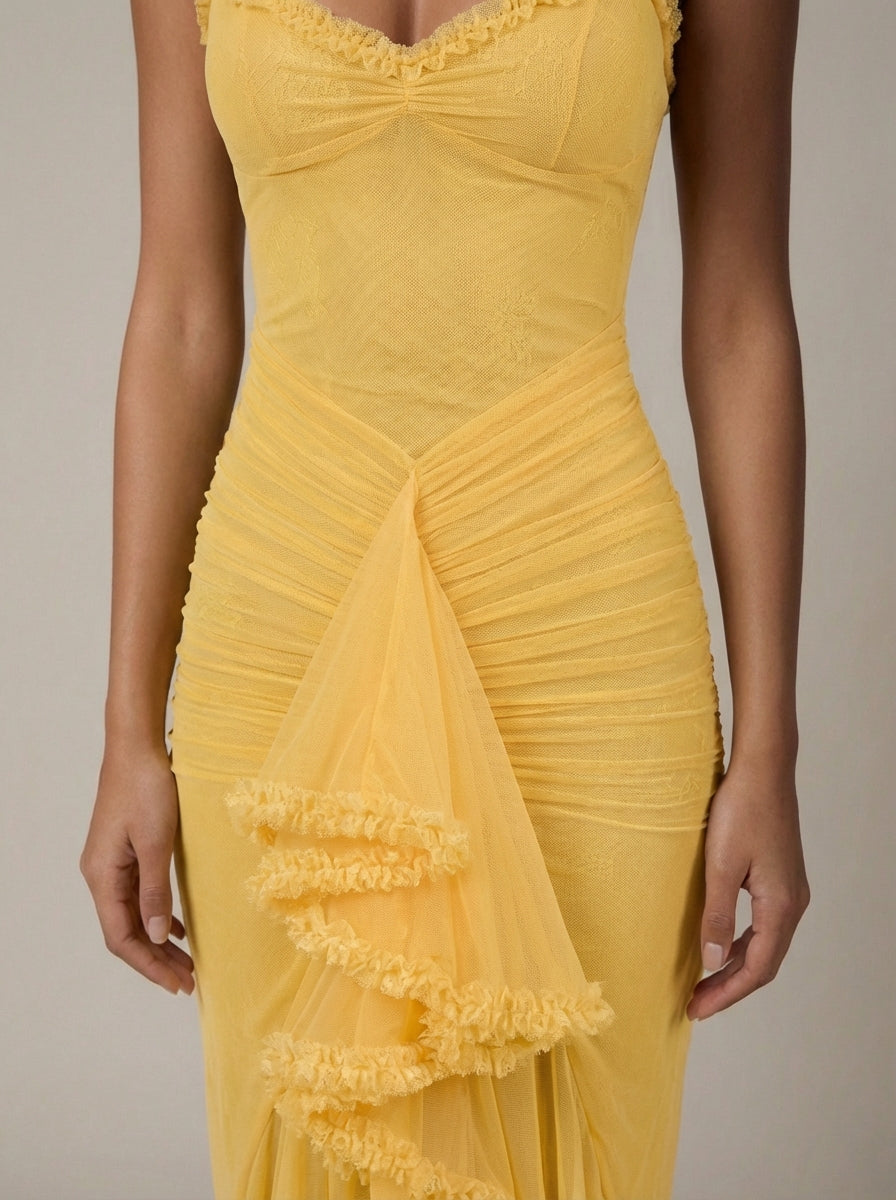 Carley | Women’s Draped Ruffle Sweetheart Neck Maxi Dress