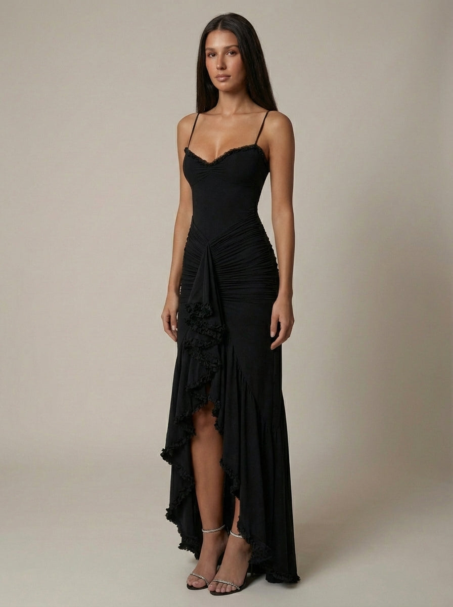 Carley | Women’s Draped Ruffle Sweetheart Neck Maxi Dress
