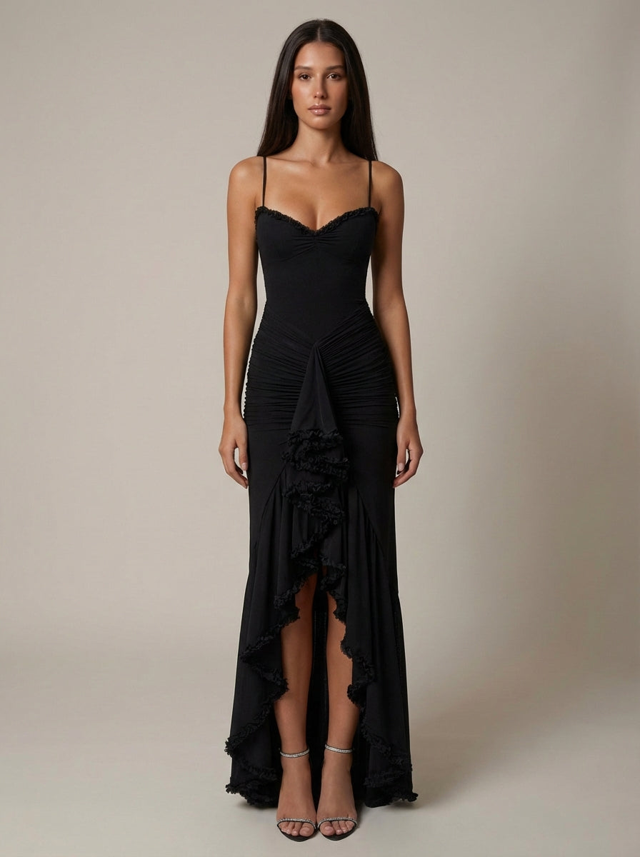 Carley | Women’s Draped Ruffle Sweetheart Neck Maxi Dress