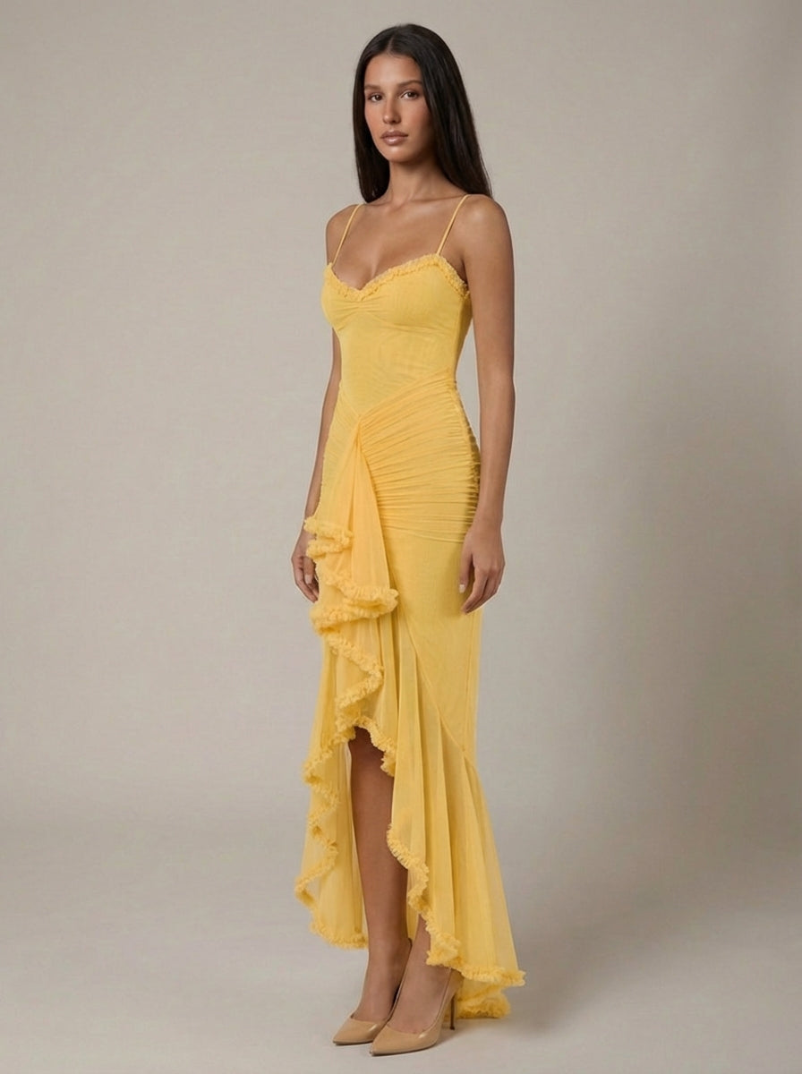 Carley | Women’s Draped Ruffle Sweetheart Neck Maxi Dress