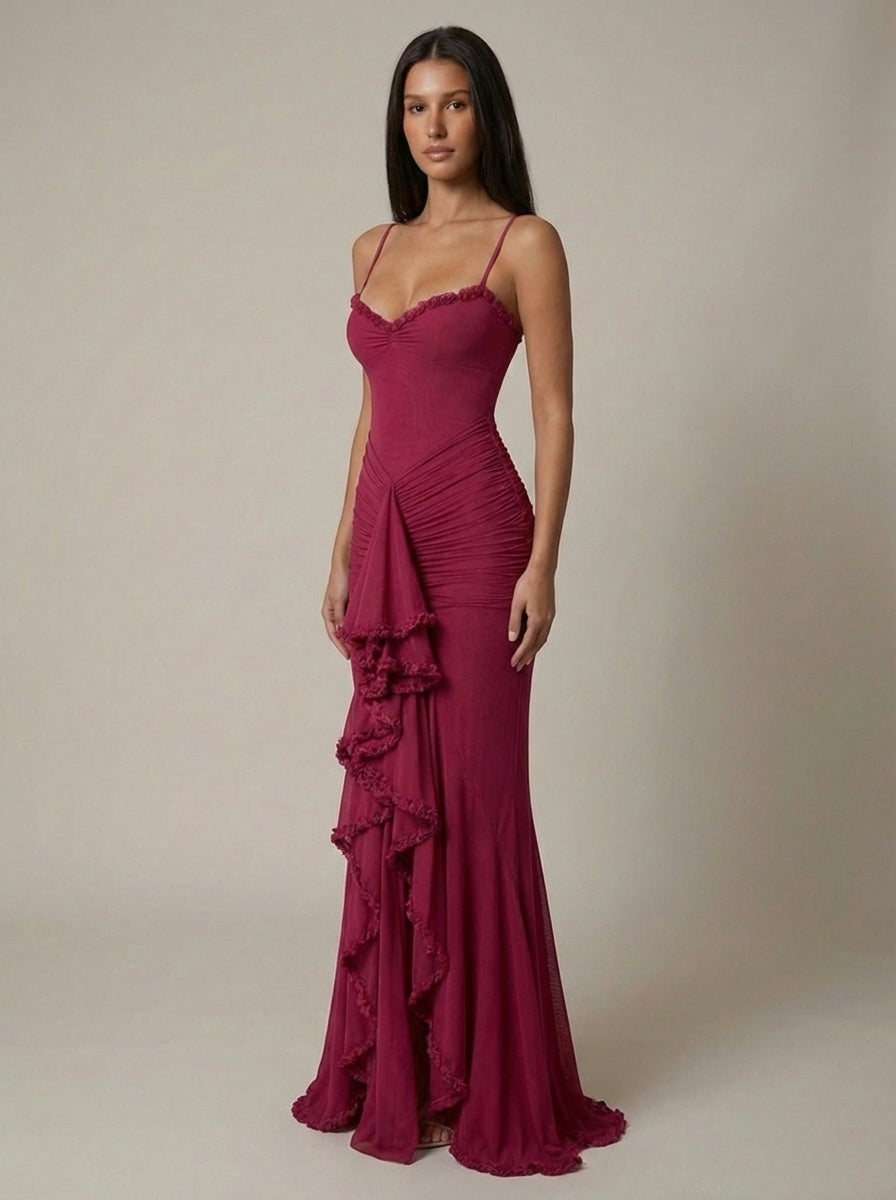 Carley | Women’s Draped Ruffle Sweetheart Neck Maxi Dress