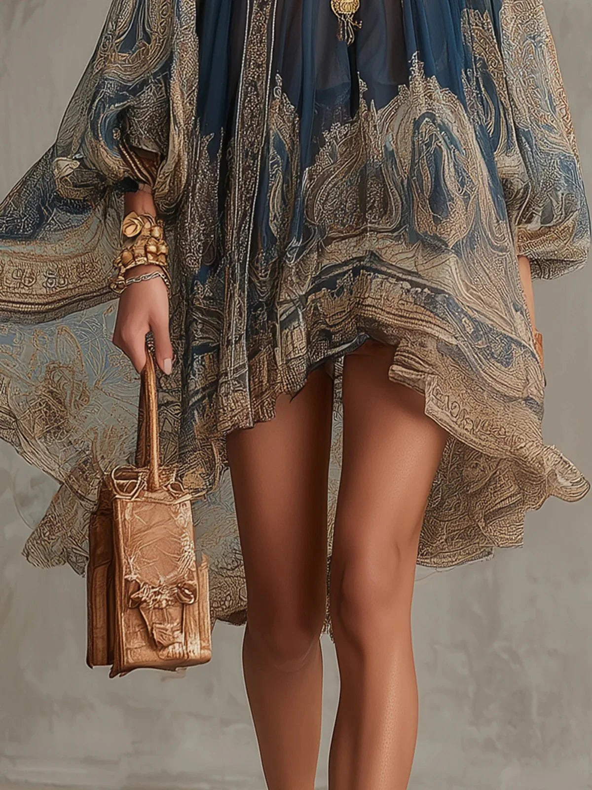 Carmelinda | Women’s Printed Long Sleeve Asymmetrical Knee Length Dress